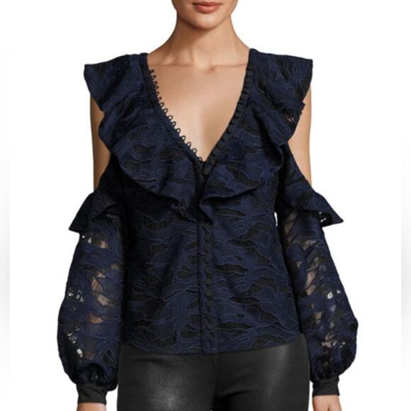 Self-Portrait Tops - Self-Portrait Navy Guipure Lace Ruffled Cold Shoulder Blouse (US 2)